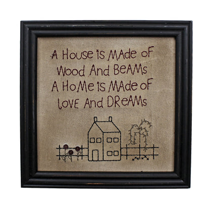 CVHOMEDECO. Primitives Antique A House is Made of Wood and Beams, A Home is Made of Love and Dreams Stitchery Frame Wall Mounted Hanging Decor Art, 12 x 12 Inch