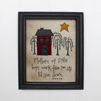 CVHOMEDECO. Primitives Antique Mothers of Little Boys Work from Son up til Son Down Stitchery Frame Wall Mounted Hanging Decor Art, 9.75 x 12 Inch