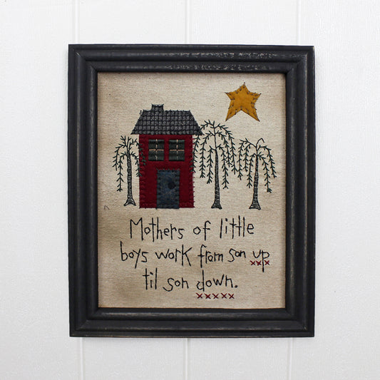 CVHOMEDECO. Primitives Antique Mothers of Little Boys Work from Son up til Son Down Stitchery Frame Wall Mounted Hanging Decor Art, 9.75 x 12 Inch