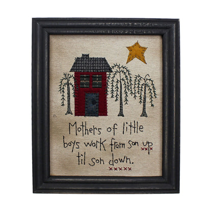 CVHOMEDECO. Primitives Antique Mothers of Little Boys Work from Son up til Son Down Stitchery Frame Wall Mounted Hanging Decor Art, 9.75 x 12 Inch