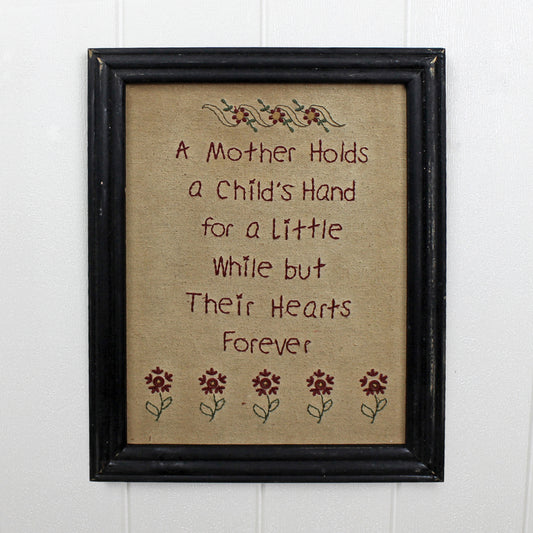 CVHOMEDECO. Primitives Antique A Mother Holds a Child's Hand for a Little While but Their Hearts Forever Stitchery Frame Wall Mounted Hanging Decor Art, 11 x 14 Inch