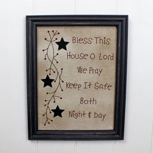 CVHOMEDECO. Primitives Antique Bless This House o Lord we Pray Keep it Safe Both Night & Day Stitchery Frame Wall Mounted Hanging Decor Art, 11 x 14 Inch