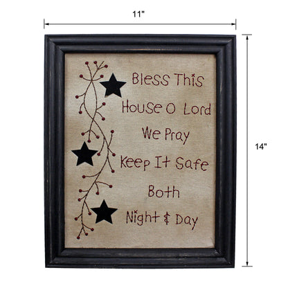 CVHOMEDECO. Primitives Antique Bless This House o Lord we Pray Keep it Safe Both Night & Day Stitchery Frame Wall Mounted Hanging Decor Art, 11 x 14 Inch