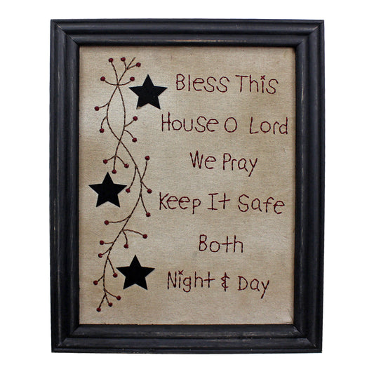 CVHOMEDECO. Primitives Antique Bless This House o Lord we Pray Keep it Safe Both Night & Day Stitchery Frame Wall Mounted Hanging Decor Art, 11 x 14 Inch