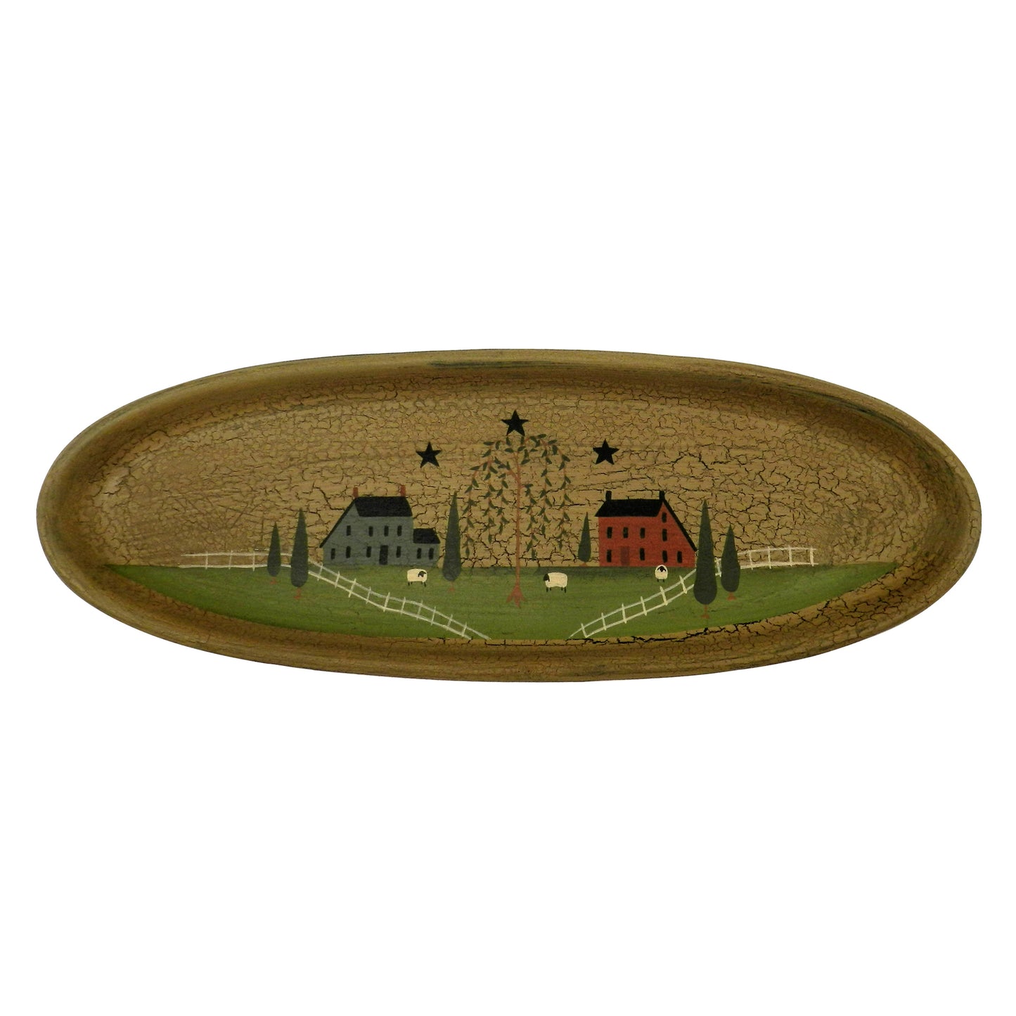 CVHOMEDECO. Primitive Rustic House Willow Tree Sheep Wood Decorative Plate Oval Crackled Display Wooden Plate Home Décor Art, 15.5 X 5.75 Inch
