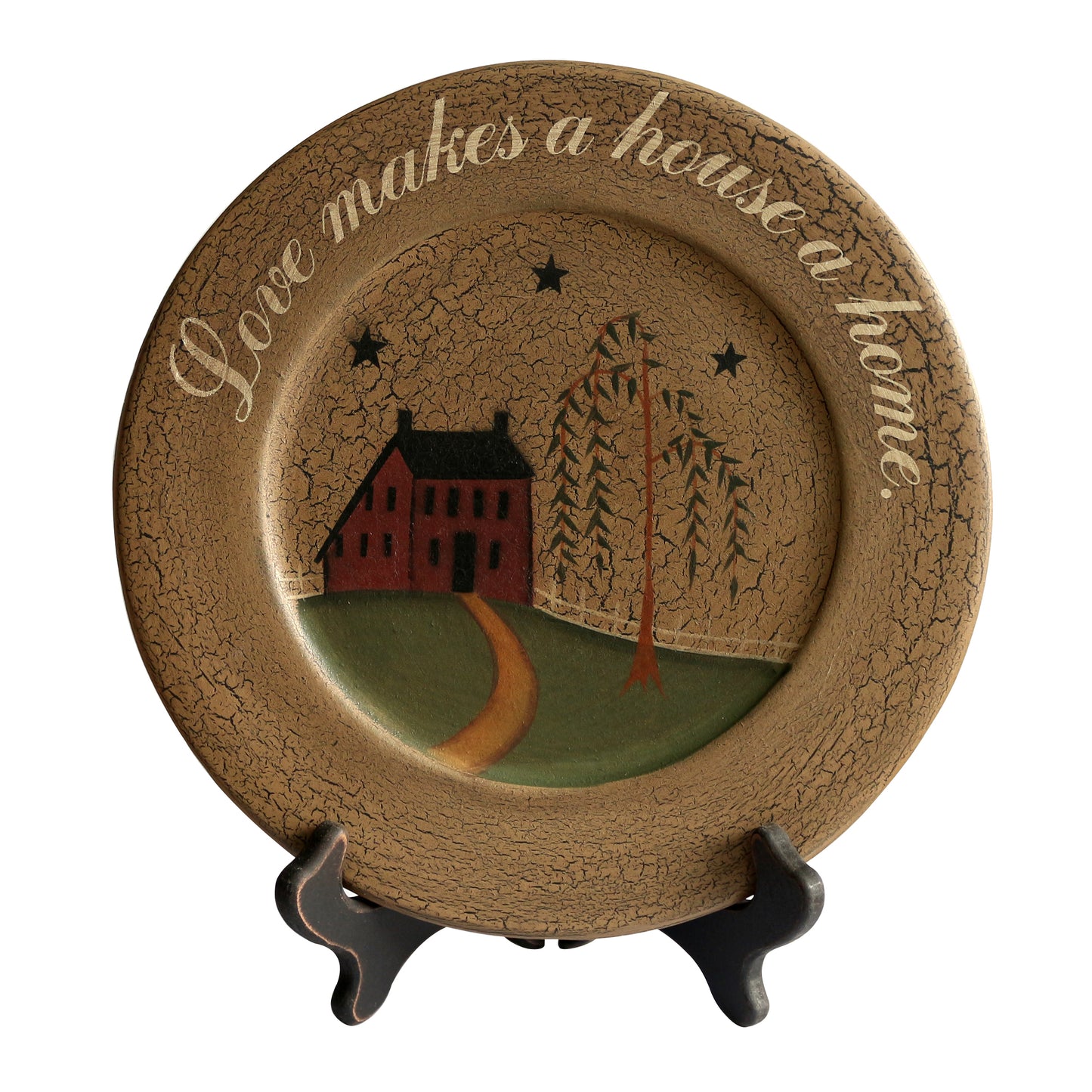CVHOMEDECO. Primitive Country House Willow Tree Footpath Wood Decorative Plate Round Crackled Display Wooden Plate Home Décor Art, 9.75 Inch
