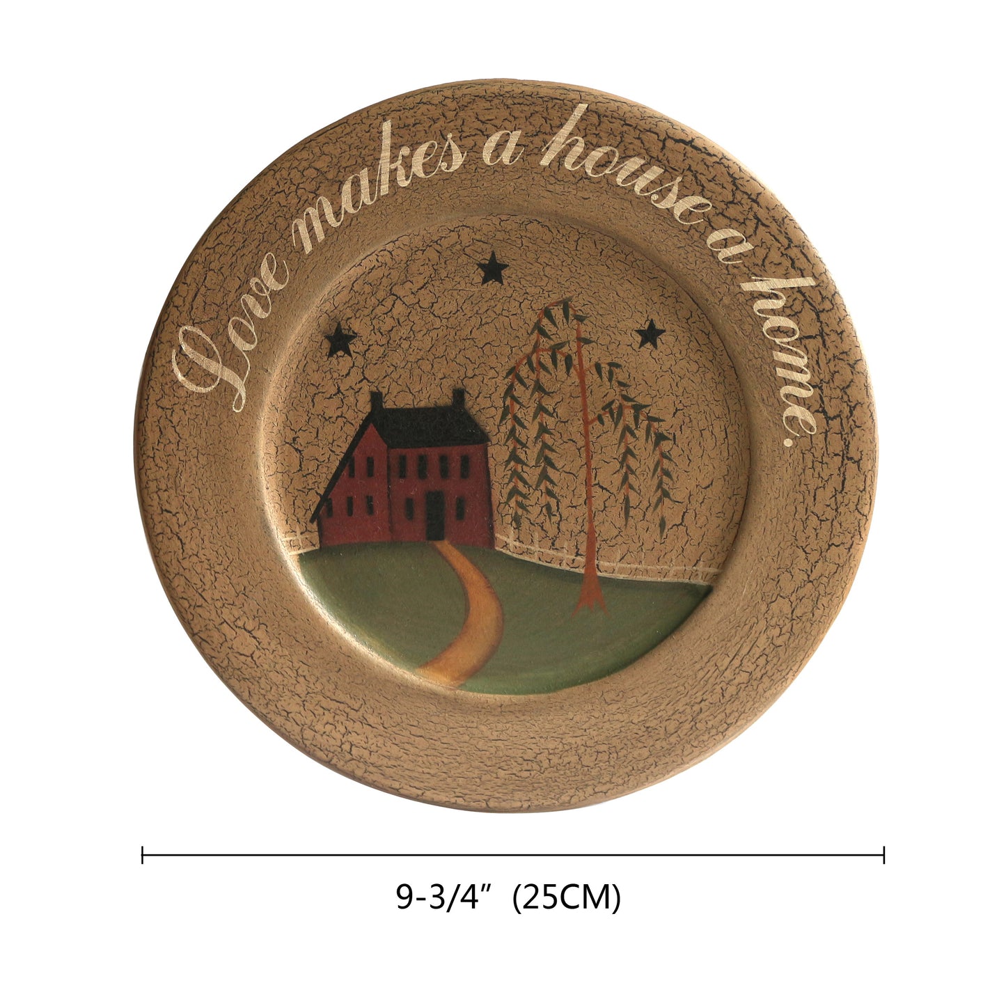CVHOMEDECO. Primitive Country House Willow Tree Footpath Wood Decorative Plate Round Crackled Display Wooden Plate Home Décor Art, 9.75 Inch