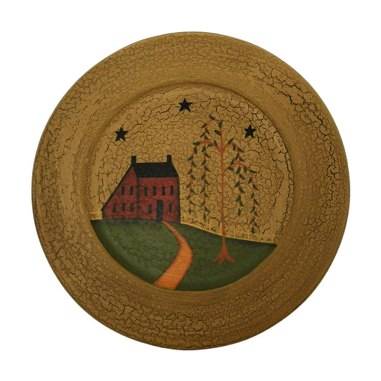 CVHOMEDECO. Primitive Country House Willow Tree Footpath Wood Decorative Plate Round Crackled Display Wooden Plate Home Décor Art, 9.75 Inch