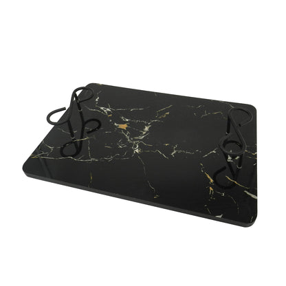 CVHOMEDECO. Rectangle Marble Pattern Tray with Metal Handle Serving Tray for Tableware, Table Décor, Kitchen or Dining Accessory, Breakfast, Coffee Table Tray. Black, 15.38 X 10.63 Inch