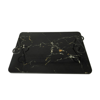 CVHOMEDECO. Rectangle Marble Pattern Tray with Metal Handle Serving Tray for Tableware, Table Décor, Kitchen or Dining Accessory, Breakfast, Coffee Table Tray. Black, 15.38 X 10.63 Inch