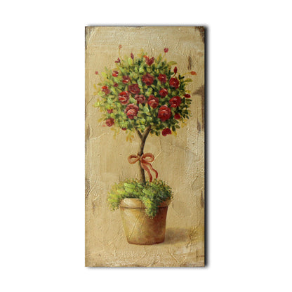 CVHOMEDECO. Primitive Antique Hand Painted Wooden Frame Wall Hanging 3D Painting Decoration Art, Flower Tree in Terracotta Design, 6 x 12 Inch