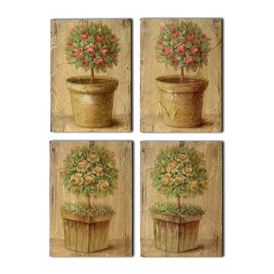 CVHOMEDECO. Rustic Antique Hand Painted Wooden Frame Wall Hanging 3D Painting Decoration Art, Flower Tree in Planter Design, 5 x 7 Inch, Set of 4.