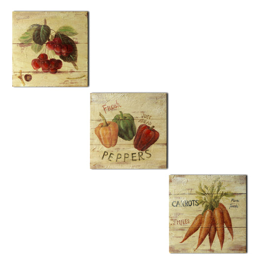 CVHOMEDECO. Primitive Vintage Hand Painted Wooden Frame Wall Hanging 3D Painting Decoration Art, Cherry, Capsicum and Carrot Design, 8 x 8 Inch, Set of 3.