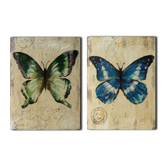 CVHOMEDECO. Primitive Antique Hand Painted Wooden Frame Wall Hanging 3D Painting Decoration Art, Butterfly Design, 6 x 8 Inch, Set of 2.