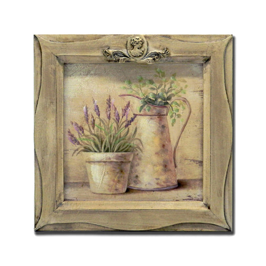 CVHOMEDECO. Country Vintage Hand Painted Wooden Frame Wall Hanging 3D Painting Landscape Art Décor, Plant and Jar Design, 11 x 11 Inch