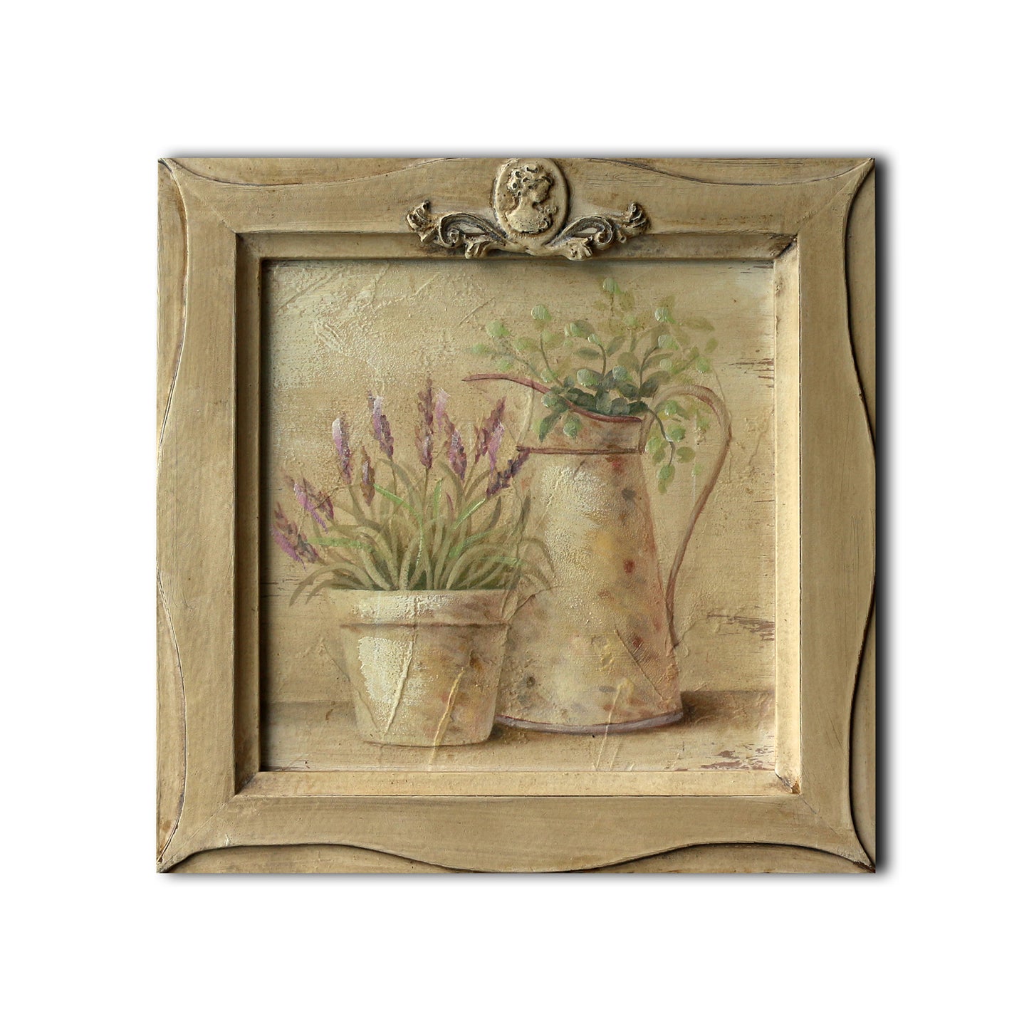 CVHOMEDECO. Country Vintage Hand Painted Wooden Frame Wall Hanging 3D Painting Landscape Art Décor, Plant and Jar Design, 11 x 11 Inch
