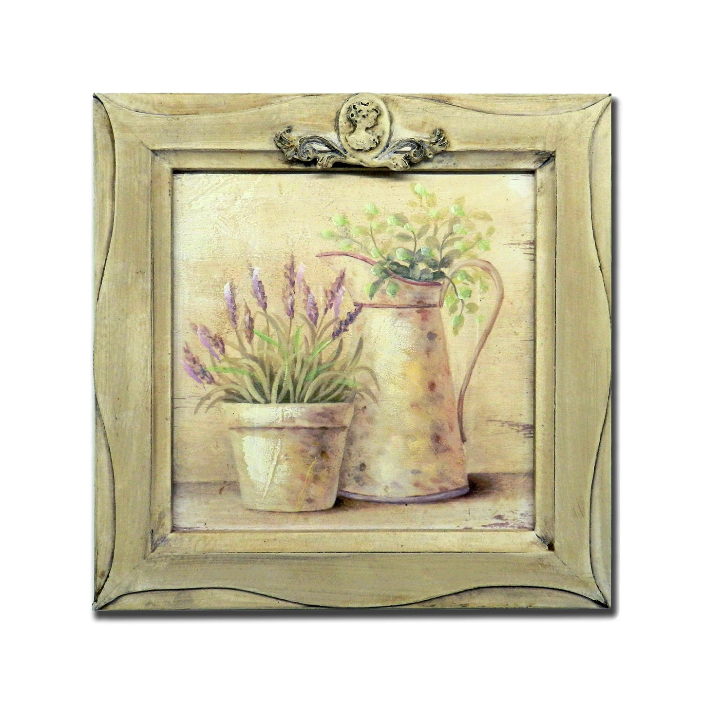 CVHOMEDECO. Country Vintage Hand Painted Wooden Frame Wall Hanging 3D Painting Landscape Art Décor, Plant and Jar Design, 11 x 11 Inch