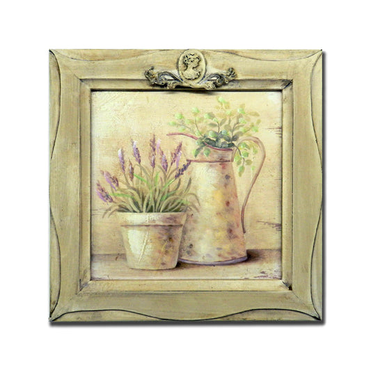 CVHOMEDECO. Country Vintage Hand Painted Wooden Frame Wall Hanging 3D Painting Landscape Art Décor, Plant and Jar Design, 11 x 11 Inch