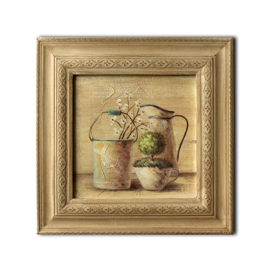 CVHOMEDECO. Rustic Vintage Hand Painted Wooden Frame Wall Hanging 3D Painting Landscape Art Décor, Plant, Pail and Jar Design, 13.5 x 13.5 Inch