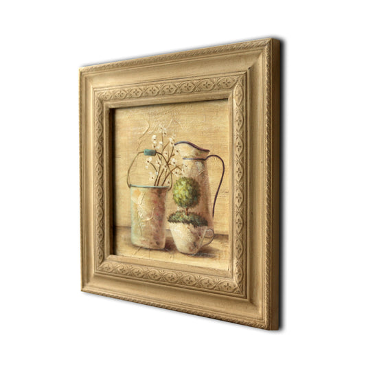 CVHOMEDECO. Rustic Vintage Hand Painted Wooden Frame Wall Hanging 3D Painting Landscape Art Décor, Plant, Pail and Jar Design, 13.5 x 13.5 Inch