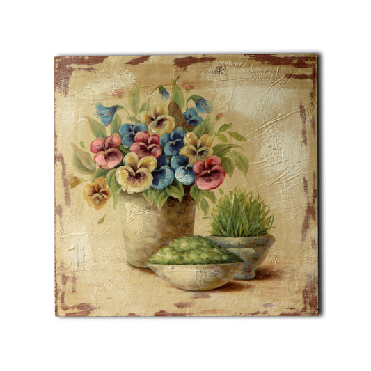 CVHOMEDECO. Vintage Distressed Hand Painted Wooden Frame Wall Hanging 3D Painting Landscape Art Décor, Flower in Planter Design, 15 x 15 Inch