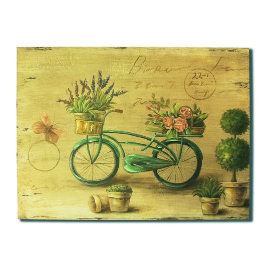 CVHOMEDECO. Primitive Vintage Hand Painted Wooden Frame Wall Hanging 3D Painting Decoration Art, Bicycle Flower Butterfly Design, 15.75 x 12 Inch