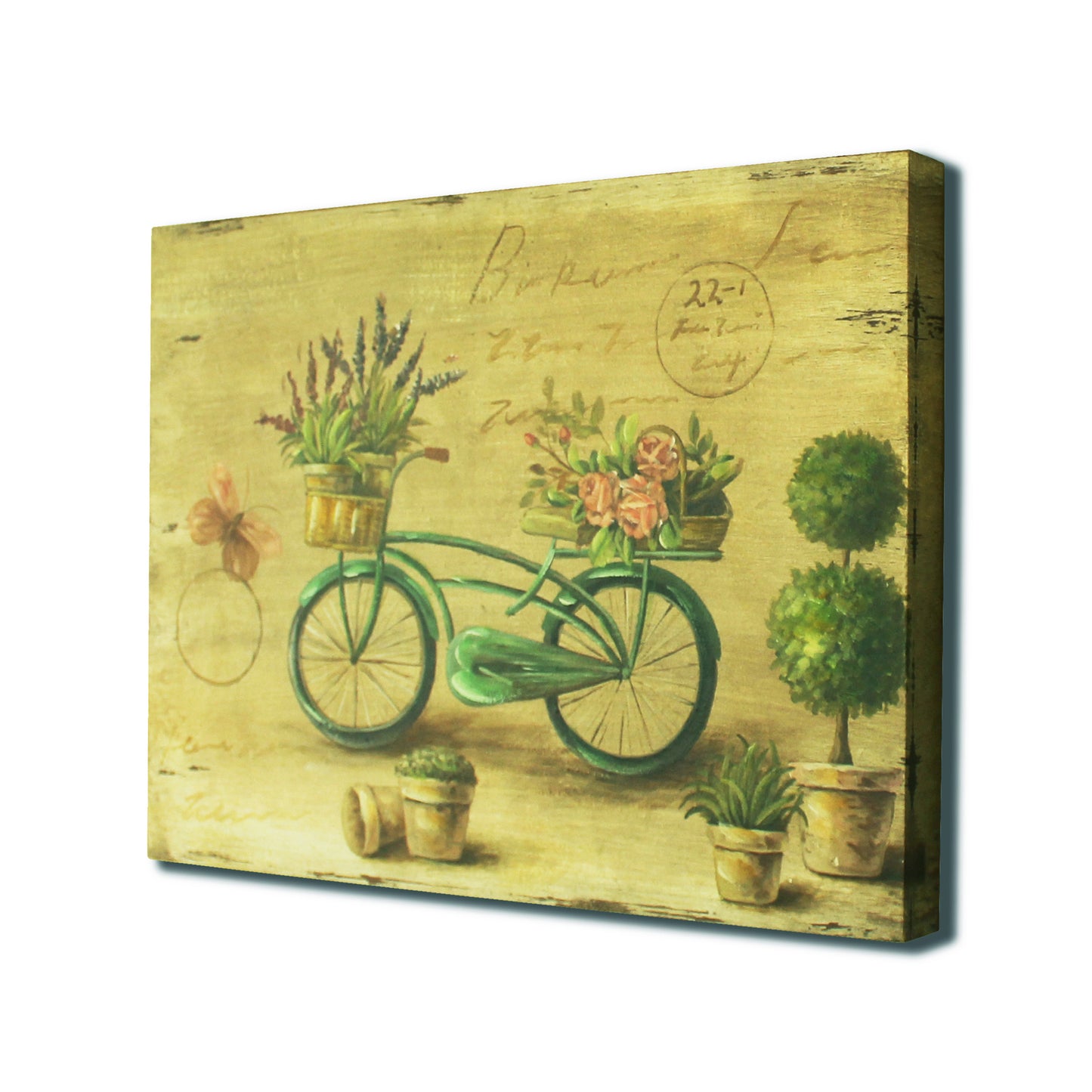 CVHOMEDECO. Primitive Vintage Hand Painted Wooden Frame Wall Hanging 3D Painting Decoration Art, Bicycle Flower Butterfly Design, 15.75 x 12 Inch