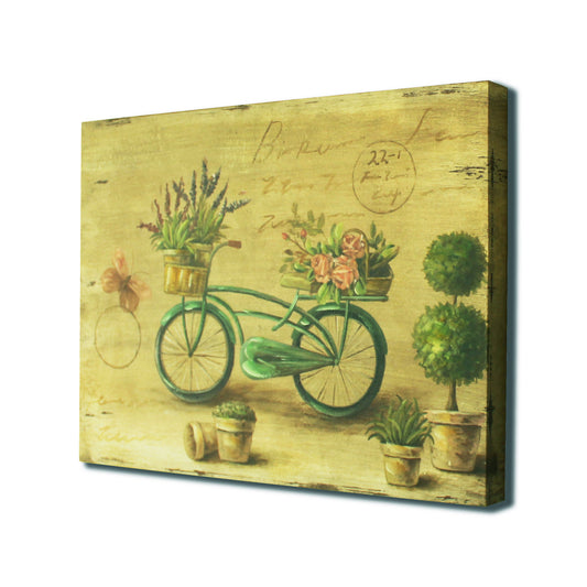 CVHOMEDECO. Primitive Vintage Hand Painted Wooden Frame Wall Hanging 3D Painting Decoration Art, Bicycle Flower Butterfly Design, 15.75 x 12 Inch