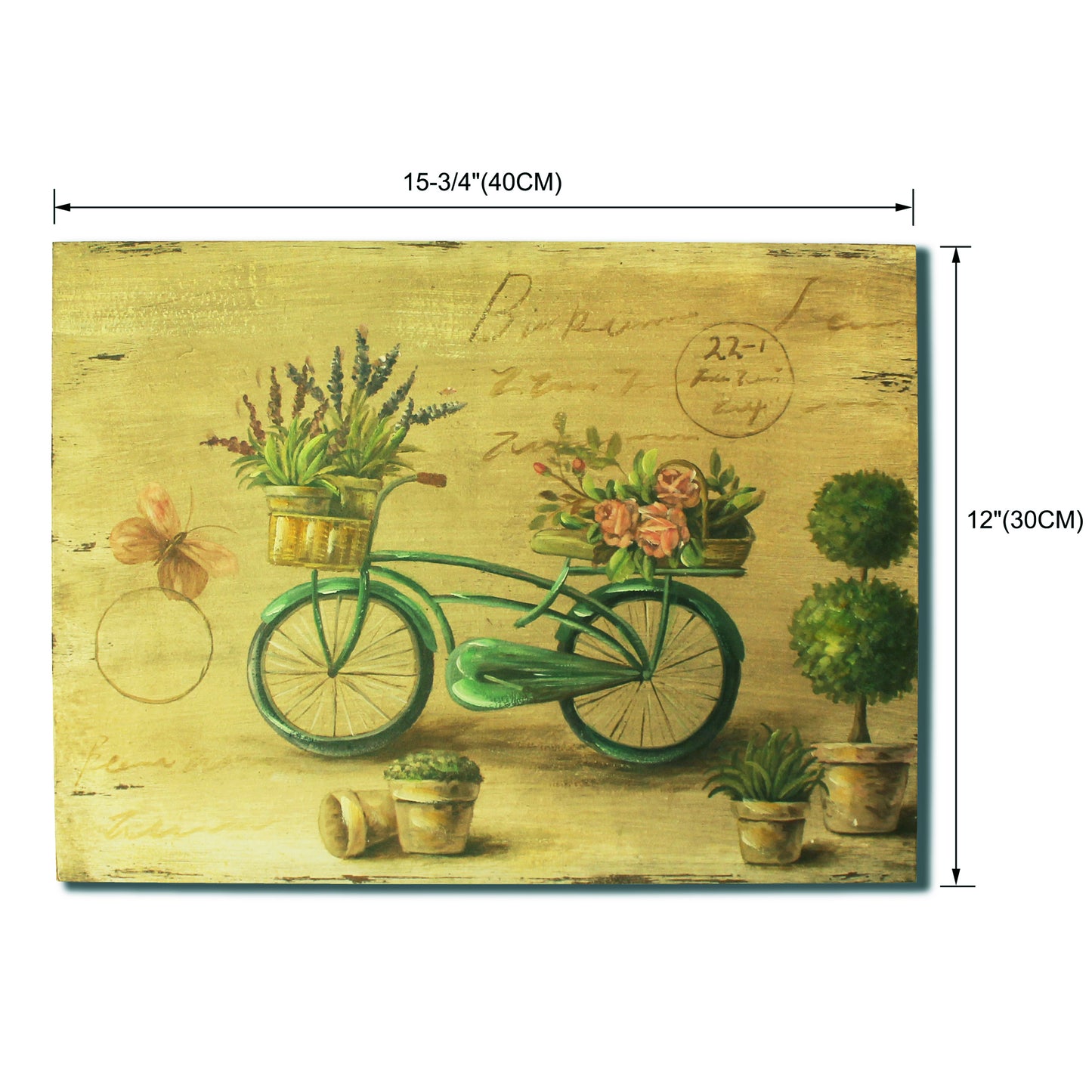 CVHOMEDECO. Primitive Vintage Hand Painted Wooden Frame Wall Hanging 3D Painting Decoration Art, Bicycle Flower Butterfly Design, 15.75 x 12 Inch