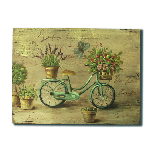 CVHOMEDECO. Rustic Retro Hand Painted Wooden Frame Wall Hanging 3D Painting Decoration Art, Bicycle Flower Butterfly Design, 15.75 x 12 Inch