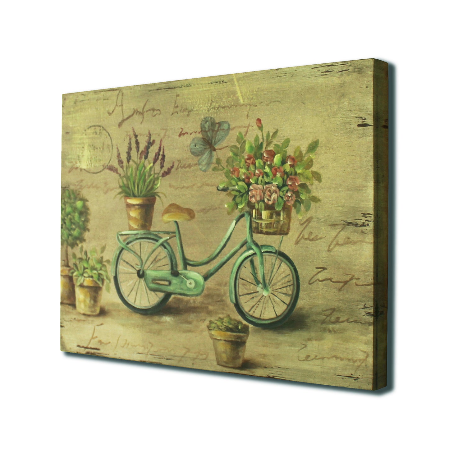 CVHOMEDECO. Rustic Retro Hand Painted Wooden Frame Wall Hanging 3D Painting Decoration Art, Bicycle Flower Butterfly Design, 15.75 x 12 Inch