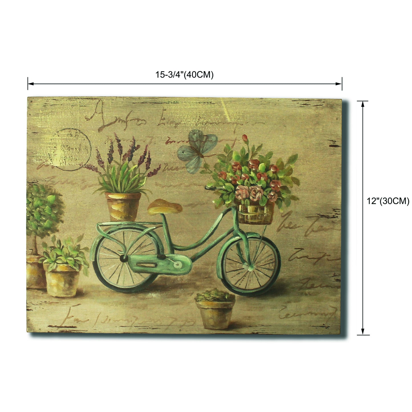 CVHOMEDECO. Rustic Retro Hand Painted Wooden Frame Wall Hanging 3D Painting Decoration Art, Bicycle Flower Butterfly Design, 15.75 x 12 Inch