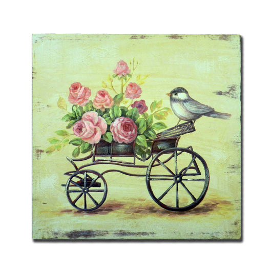 CVHOMEDECO. Vintage Distressed Hand Painted Wooden Frame Wall Hanging 3D Painting Decoration Art, Bicycle Flower Bird Design, 15 x 15 Inch