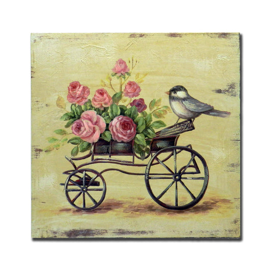 CVHOMEDECO. Vintage Distressed Hand Painted Wooden Frame Wall Hanging 3D Painting Decoration Art, Bicycle Flower Bird Design, 15 x 15 Inch