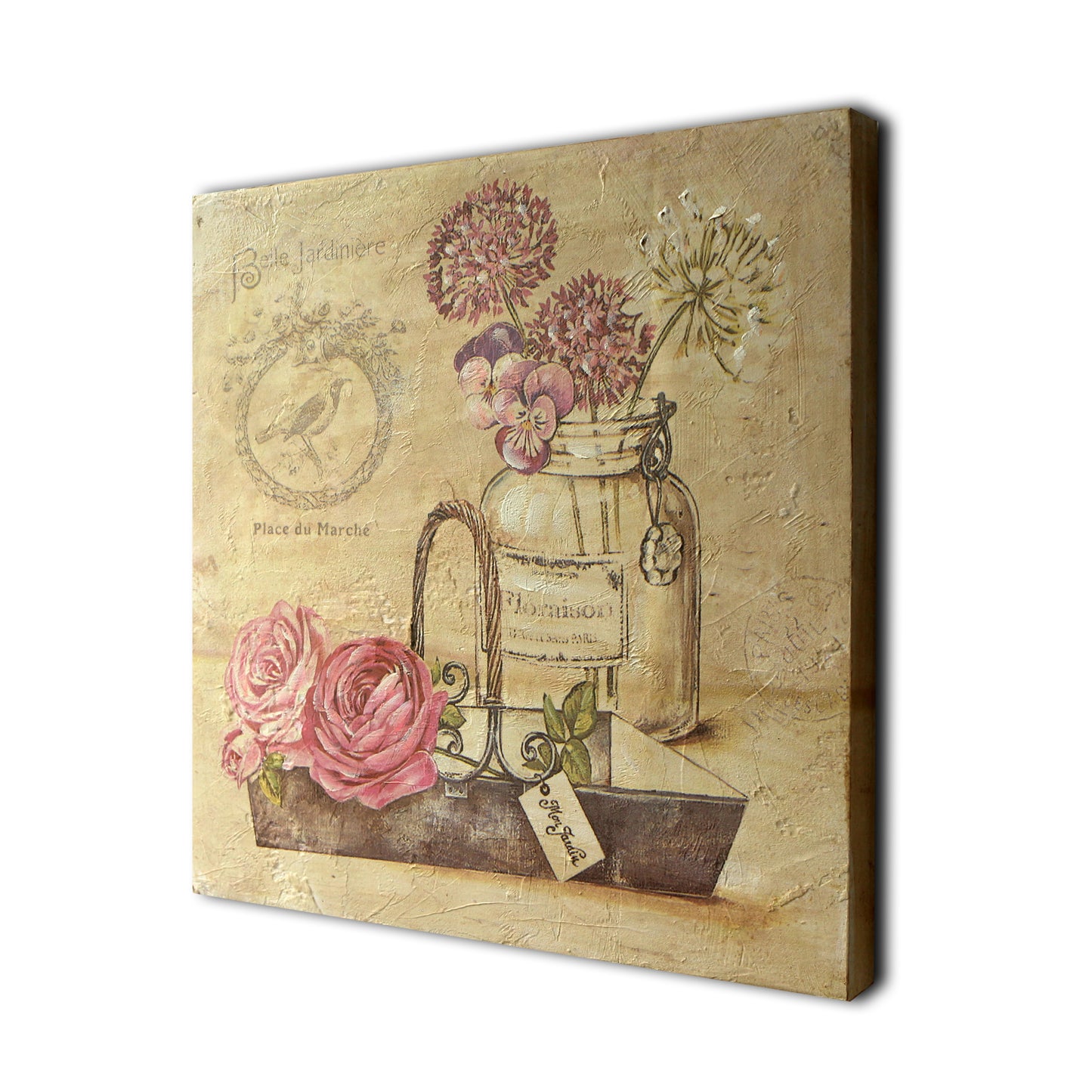CVHOMEDECO. Rustic Vintage Hand Painted Wooden Frame Wall Hanging 3D Painting Decoration Art, Flower with Basket Design, 15 x 15 Inch