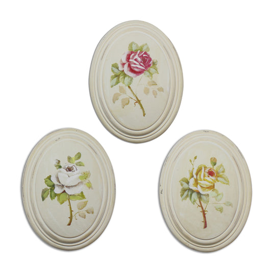 CVHOMEDECO. Primitive Retro Hand Painted Oval Wooden Frame Wall Hanging 3D Painting Decoration Art, Rose Flower Design, 6.75 x 8.75 Inch, Set of 3.