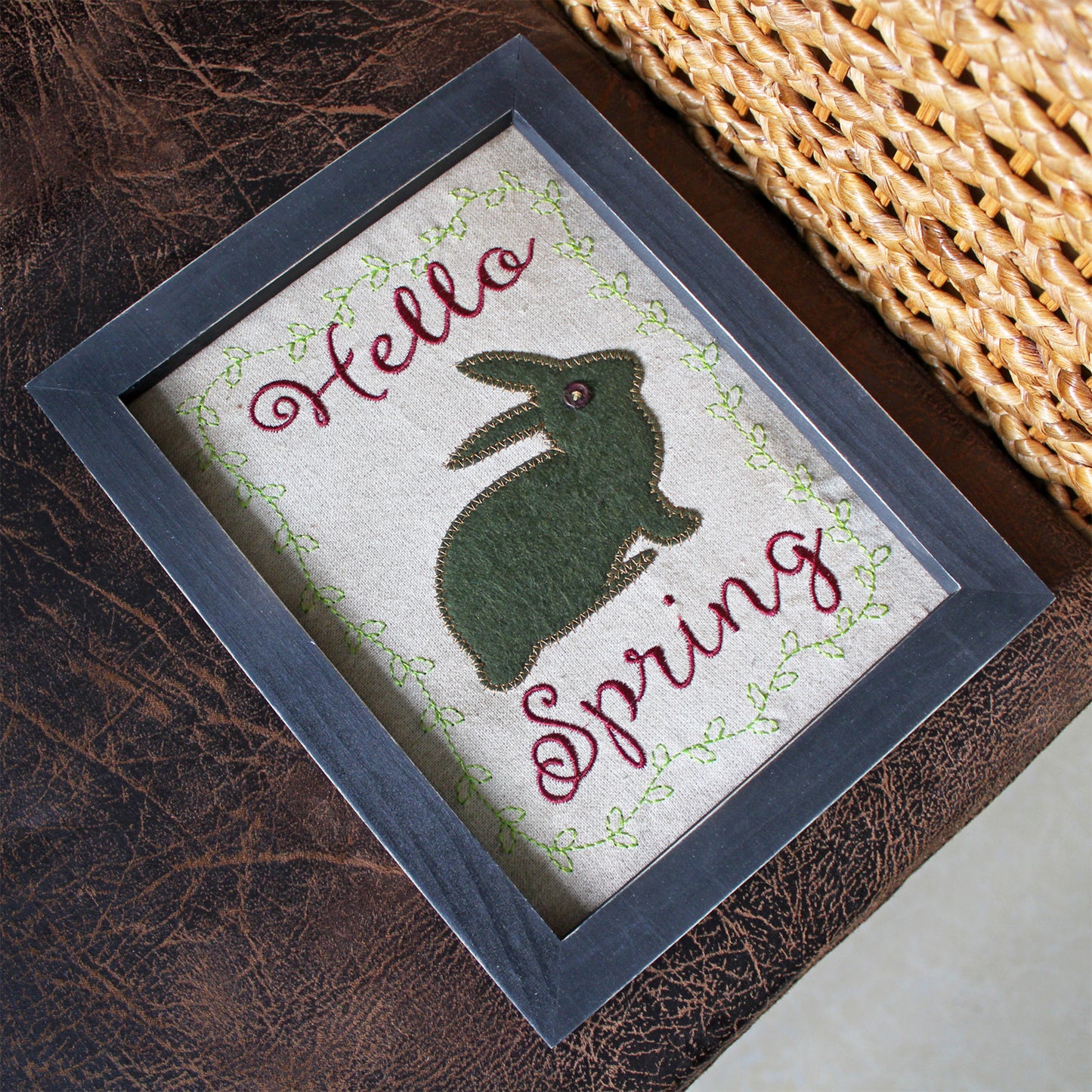 CVHOMEDECO. Primitives Vintage Hello, Spring Stitchery Frame Wall Mounted Hanging Decor Art, 8 x 10 Inch