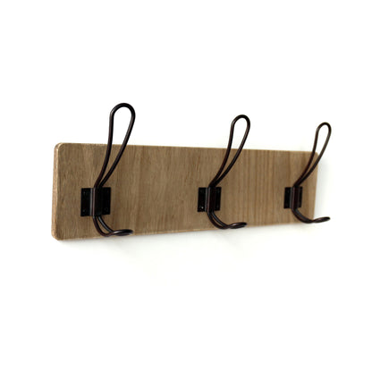 CVHOMEDECO. Country Distressed Entryway Wooden Hook Wall Mount or Door Hanger Clothes Coat Hooks Towel Hat Scarf Bags Rack with Triple Metal Iron Hooks. Light Walnut Color, 15.75 X 5.75 X 3 Inch