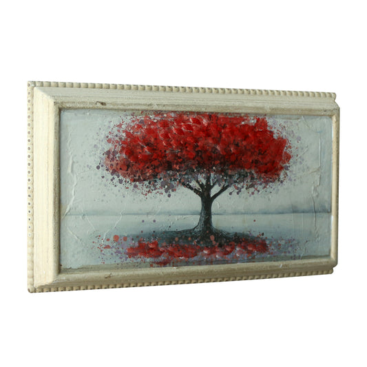 CVHOMEDECO. Rustic Vintage Hand Painted Wall Art Framed Ready to Hang Wall Hanging 3D Painting Decoration Art, Landscape Red Tree Flower Design, 14.75 x 8.5 Inch