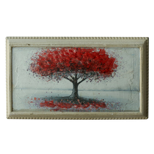 CVHOMEDECO. Rustic Vintage Hand Painted Wall Art Framed Ready to Hang Wall Hanging 3D Painting Decoration Art, Landscape Red Tree Flower Design, 14.75 x 8.5 Inch