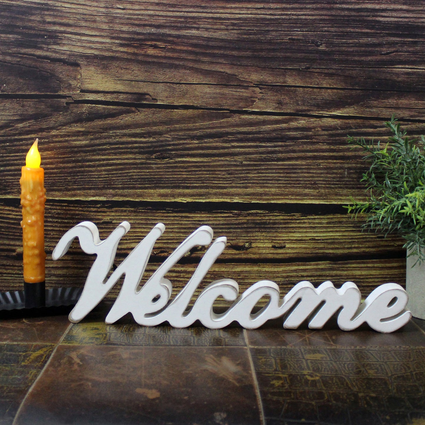CVHOMEDECO. Rustic Vintage Distressed White Wooden Words Sign Free Standing "Welcome" Tabletop/Shelf/Home Wall/Office Decoration Art, 14.5 x 4.25 x 1 Inch