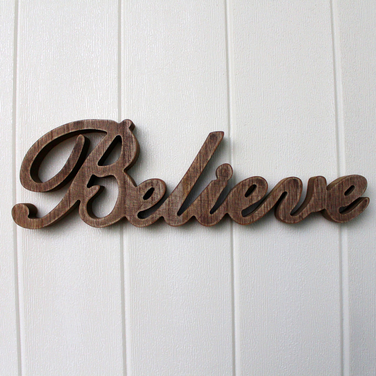 CVHOMEDECO. Rustic Vintage Distressed Wooden Words Sign Free Standing "Believe" Tabletop/Shelf/Home Wall/Office Decoration Art, 14.25 x 4.25 x 1 Inch