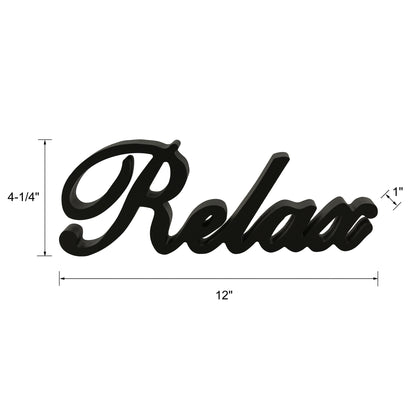 CVHOMEDECO. Matt Black Wooden Words Sign Free Standing "Relax" Desk/Table/Shelf/Home Wall/Office Decoration Art, 12 x 4.25 x 1 Inch