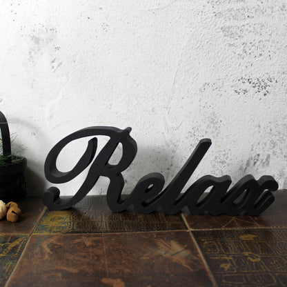 CVHOMEDECO. Matt Black Wooden Words Sign Free Standing "Relax" Desk/Table/Shelf/Home Wall/Office Decoration Art, 12 x 4.25 x 1 Inch