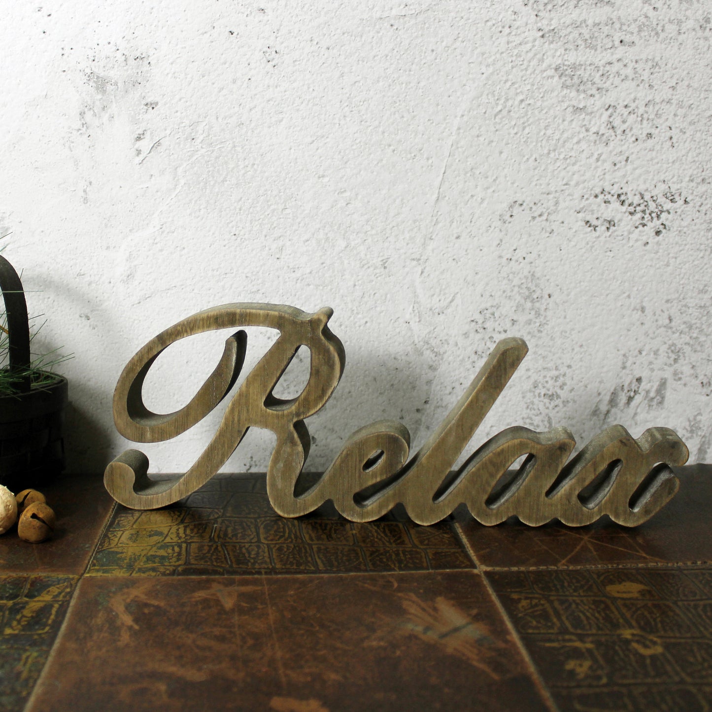CVHOMEDECO. Rustic Vintage Distressed Wooden Words Sign Free Standing "Relax" Tabletop/Shelf/Home Wall/Office Decoration Art, 12 x 4.25 x 1 Inch