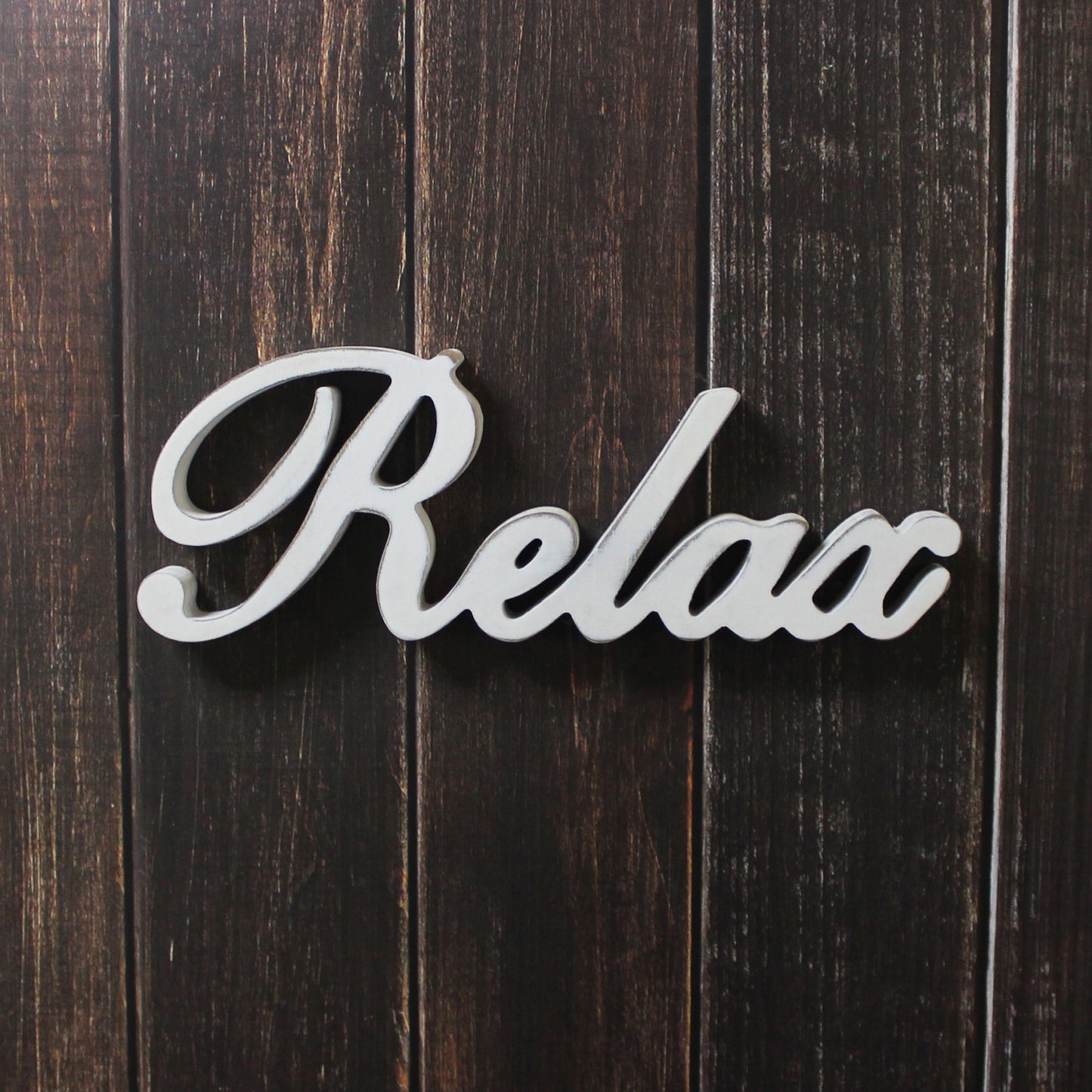 CVHOMEDECO. Rustic Vintage Distressed White Wooden Words Sign Free Standing "Relax" Tabletop/Shelf/Home Wall/Office Decoration Art, 12 x 4.25 x 1 Inch