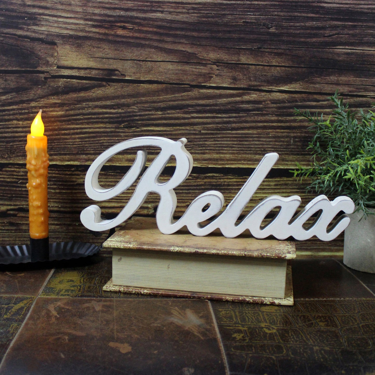 CVHOMEDECO. Rustic Vintage Distressed White Wooden Words Sign Free Standing "Relax" Tabletop/Shelf/Home Wall/Office Decoration Art, 12 x 4.25 x 1 Inch