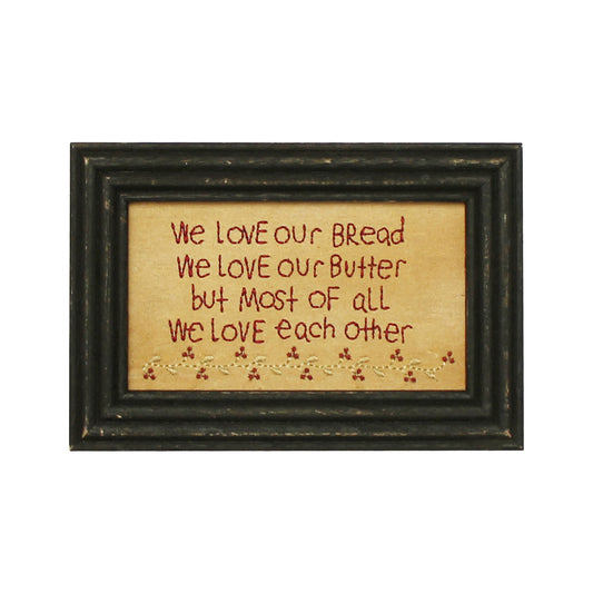 CVHOMEDECO. Primitives Antique We Love Our Bread, We Love Our Butter, But Most of All We Love Each Other Stitchery Frame Wall Mounted Hanging Decor Art, 9 x 6 Inch