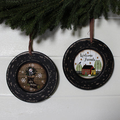 CVHOMEDECO. Primitives Rustic Homespun Hanging Decorative Plates Christmas Tree/Wall Hanging Décor Art, 5.75 Inch, Set of 2