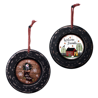 CVHOMEDECO. Primitives Rustic Homespun Hanging Decorative Plates Christmas Tree/Wall Hanging Décor Art, 5.75 Inch, Set of 2